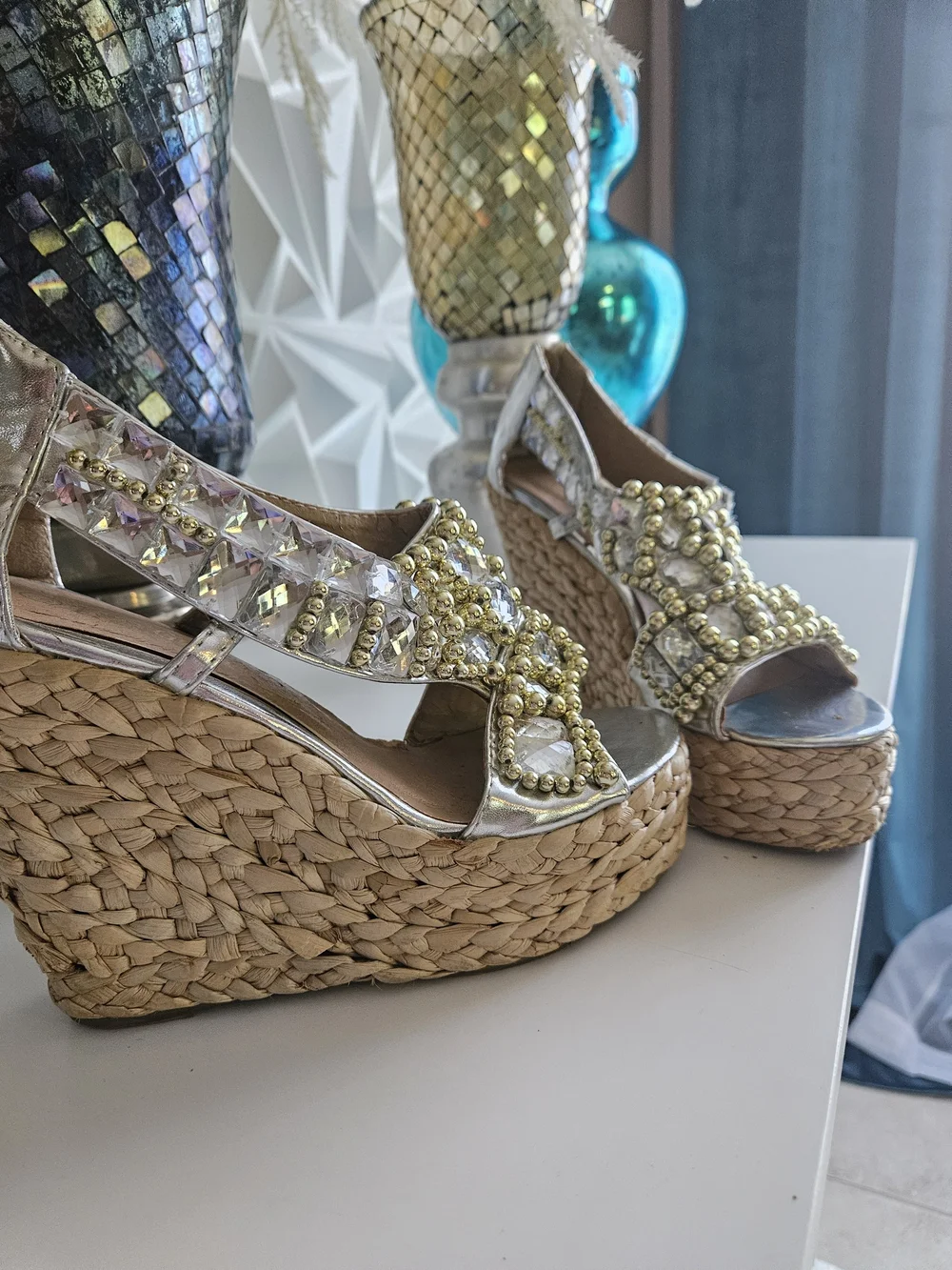 Taos Footwear Silver Woven Espadrille Wedge Sandals with Gold Bead Accents